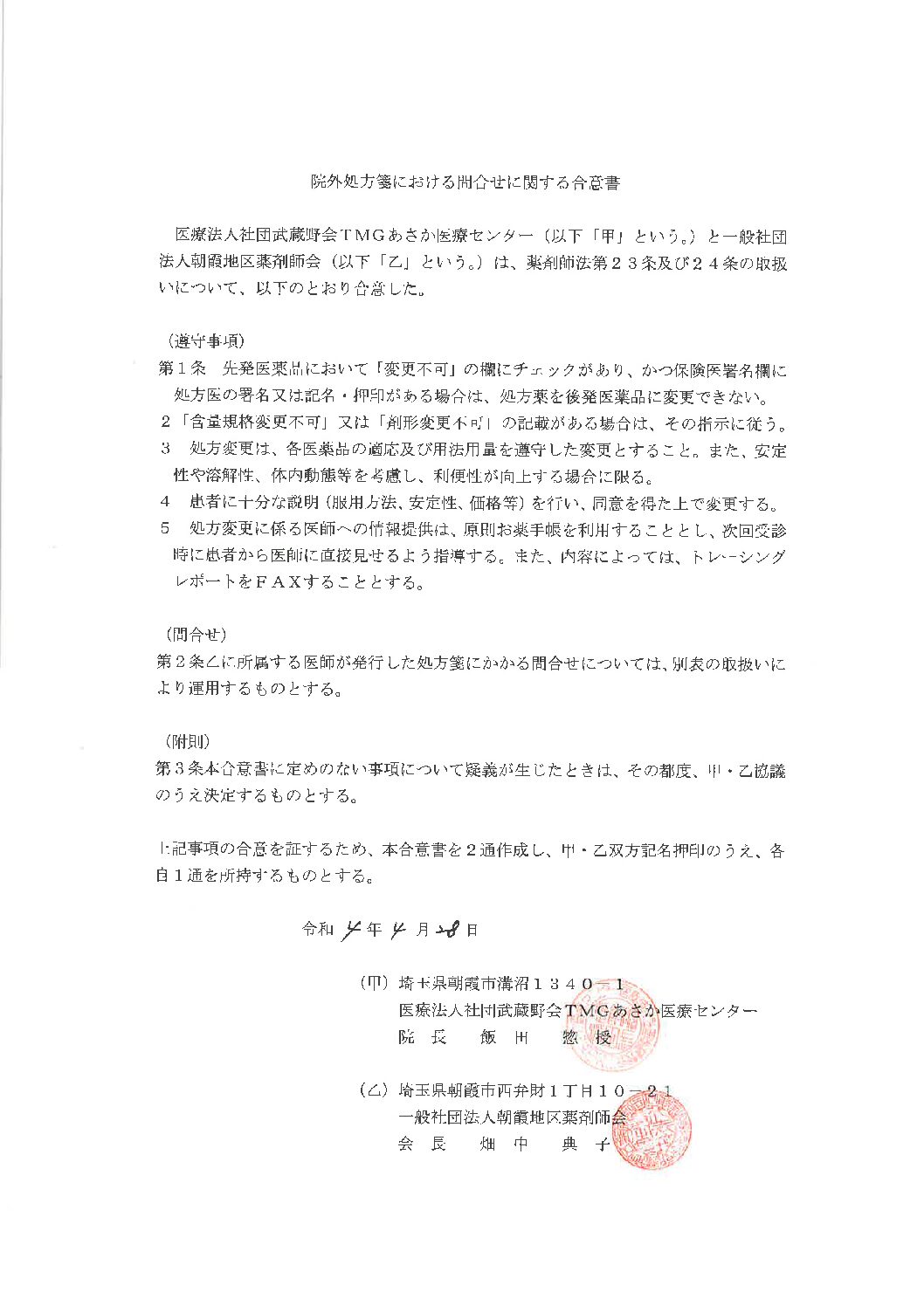 院外処方箋における問い合せに関する合意書